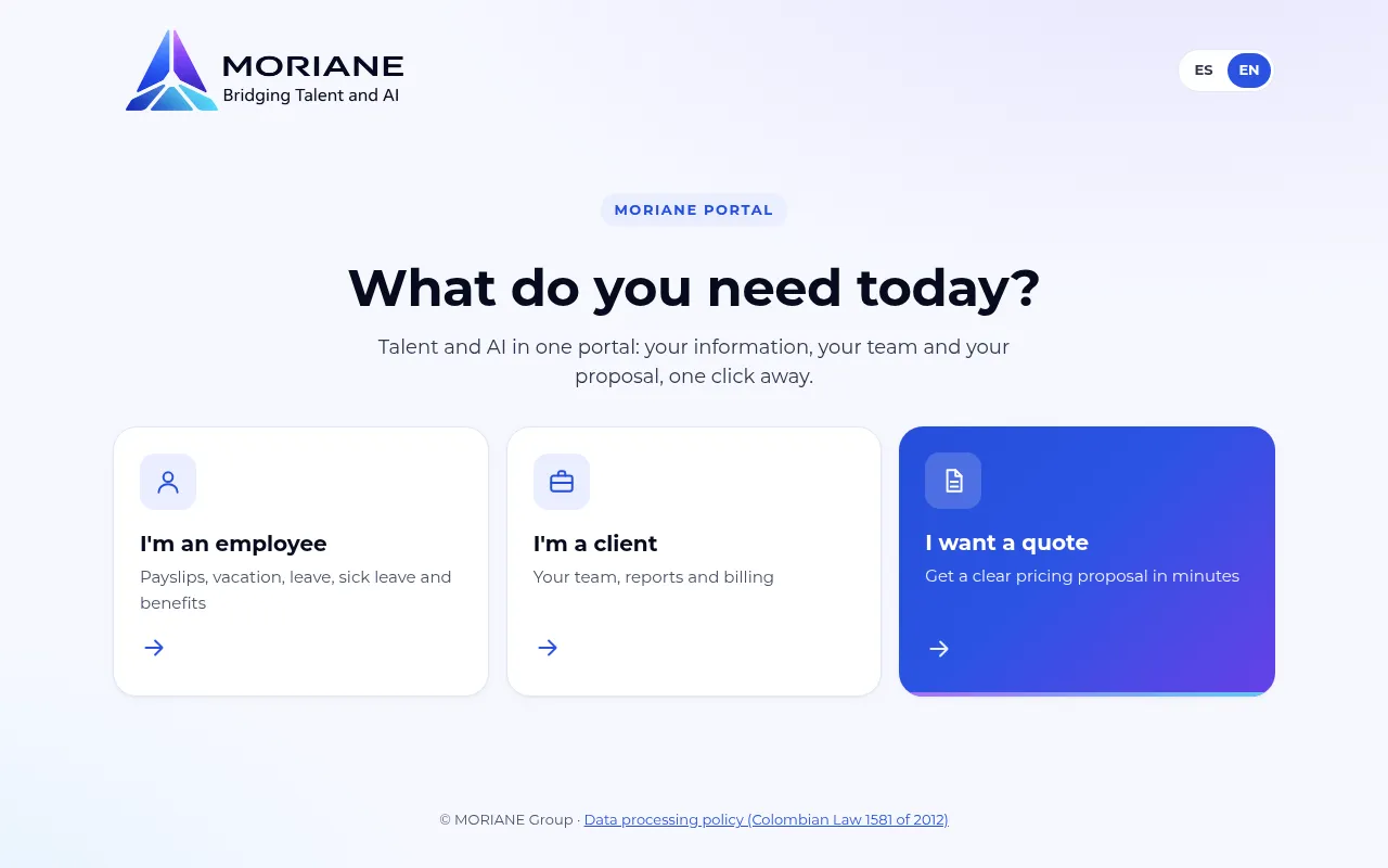 MORIANE portal — real screenshot of the home page (no personal data).