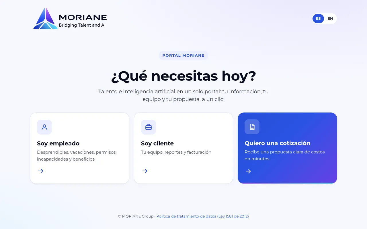 Portal MORIANE: captura real de la página de inicio (sin datos personales).